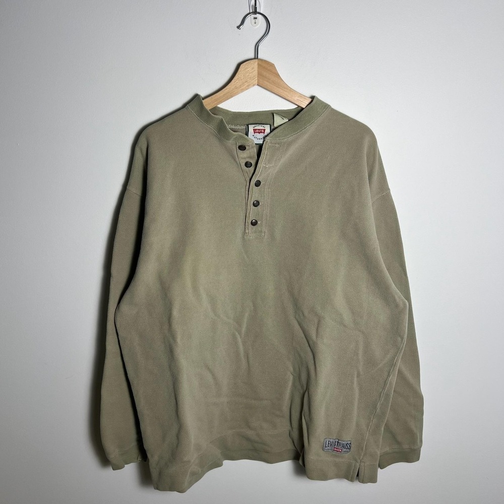 Levi's Henley Shirt Mens Large Green Long Sleeve Waffle Knit Cotton Pullover